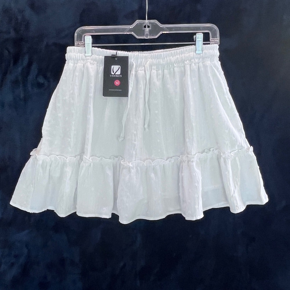 Vigorics White Swiss Dot Ruffle Mini Skort Elastic Waist Pockets Medium